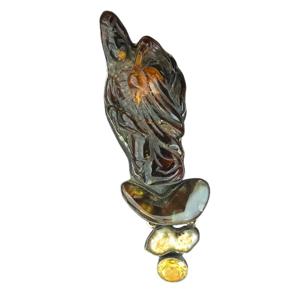 AKR Amy Kahn Russell Sterling Silver Carved Amber Fire Agate Citrine Brooch